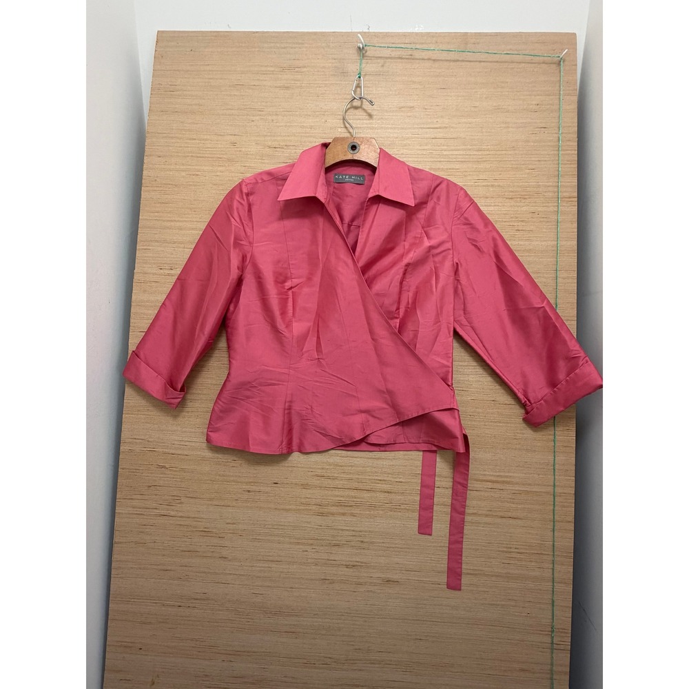 Kate Hill Petites Pink 100% Silk Wrap Blouse 3/4 Sleeve Collared Top Size 6P
